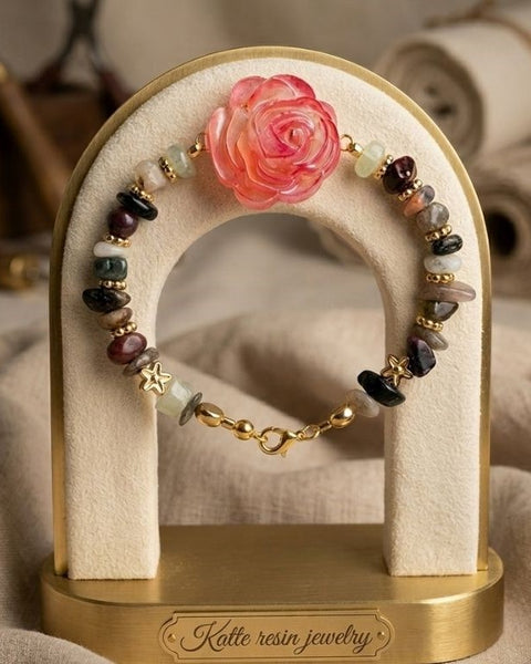 Everlasting Bloom" Statement Bracelet – Shimmering Rose & Earthy Gemstones