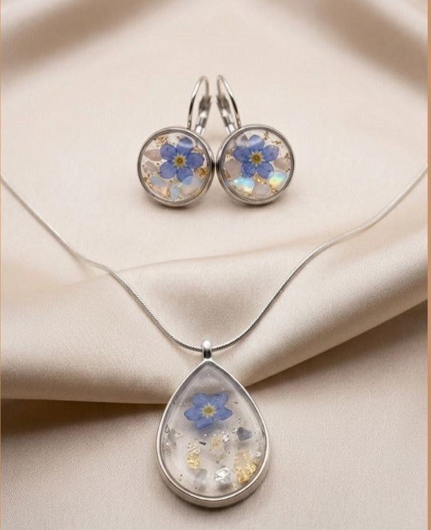 Ethereal Memory" Set – Real Forget-Me-Not, Rose Quartz & Opalite
