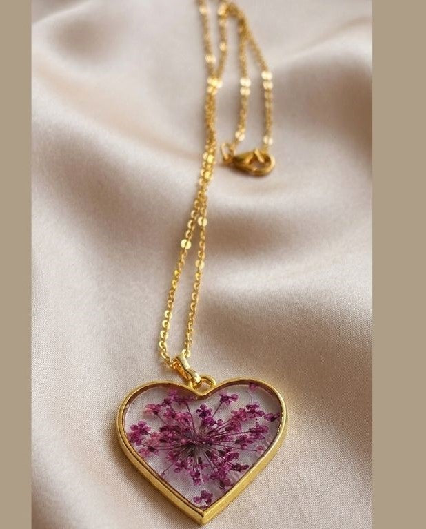 Preserved Lilac Flower in Gold Heart Necklace