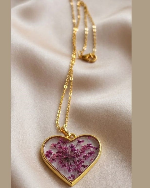 Preserved Lilac Flower in Gold Heart Necklace