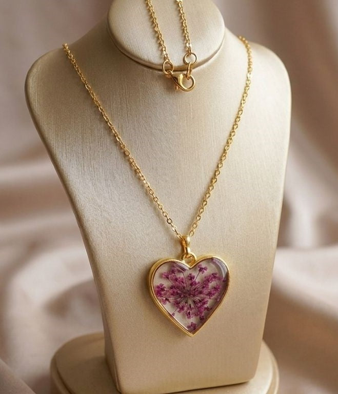 Preserved Lilac Flower in Gold Heart Necklace
