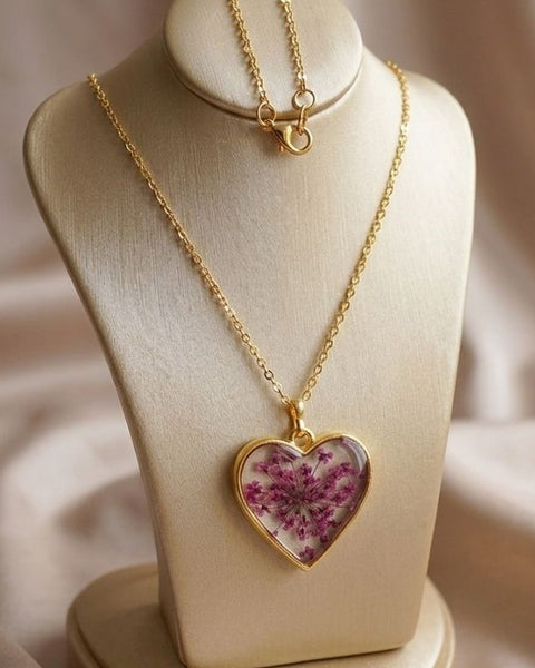 Preserved Lilac Flower in Gold Heart Necklace