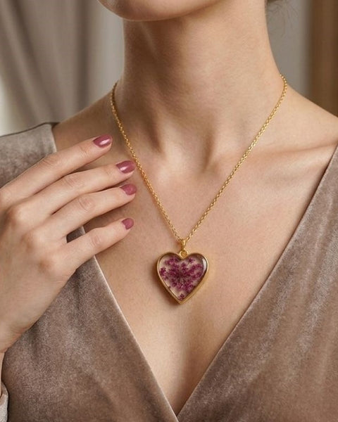 Preserved Lilac Flower in Gold Heart Necklace
