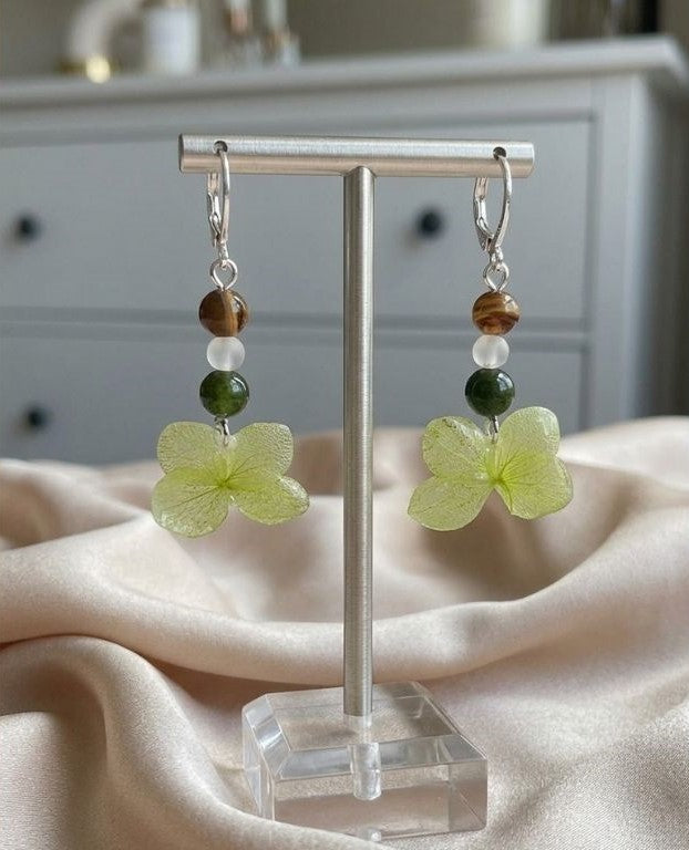 Spring Meadow Earrings – Preserved Green Flower & Natural Stone Beads