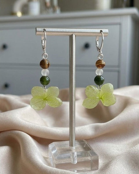 Spring Meadow Earrings – Preserved Green Flower & Natural Stone Beads