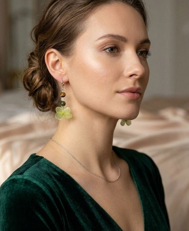 Spring Meadow Earrings – Preserved Green Flower & Natural Stone Beads