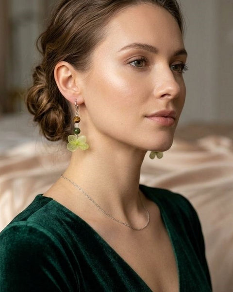 Spring Meadow Earrings – Preserved Green Flower & Natural Stone Beads