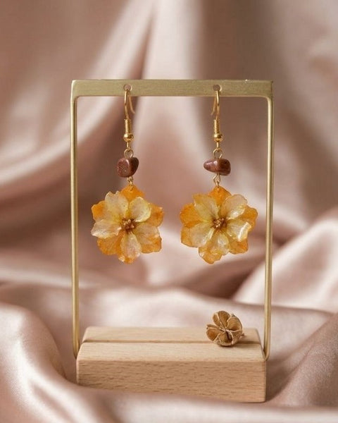Amber Bloom Resin Earrings – Floral Elegance with Gemstone Accents