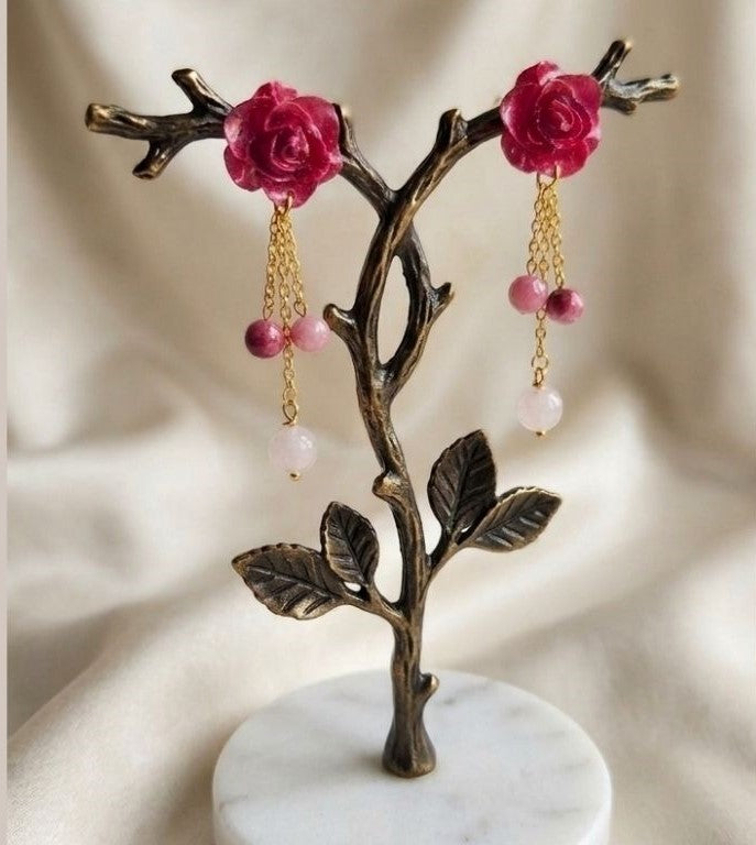 Deep Cherry Red Bloom Earrings - Resin and Natural Stone Elegance
