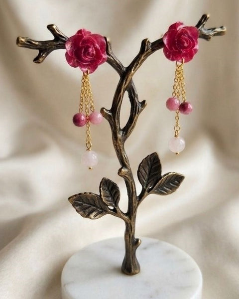 Deep Cherry Red Bloom Earrings - Resin and Natural Stone Elegance