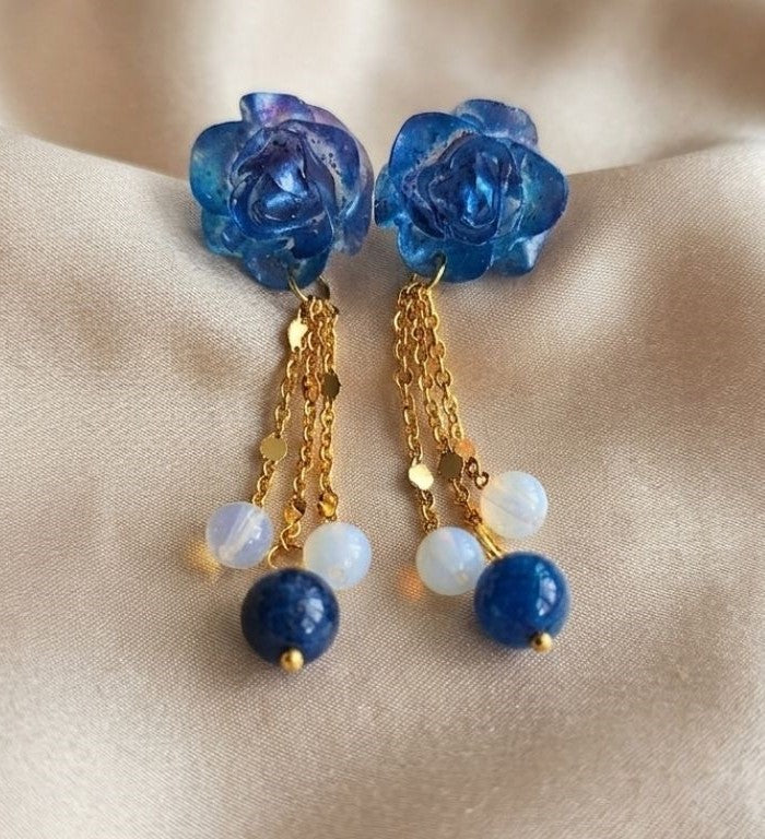 Celestial Bloom Earrings – Blue Resin & Natural Stone Elegance