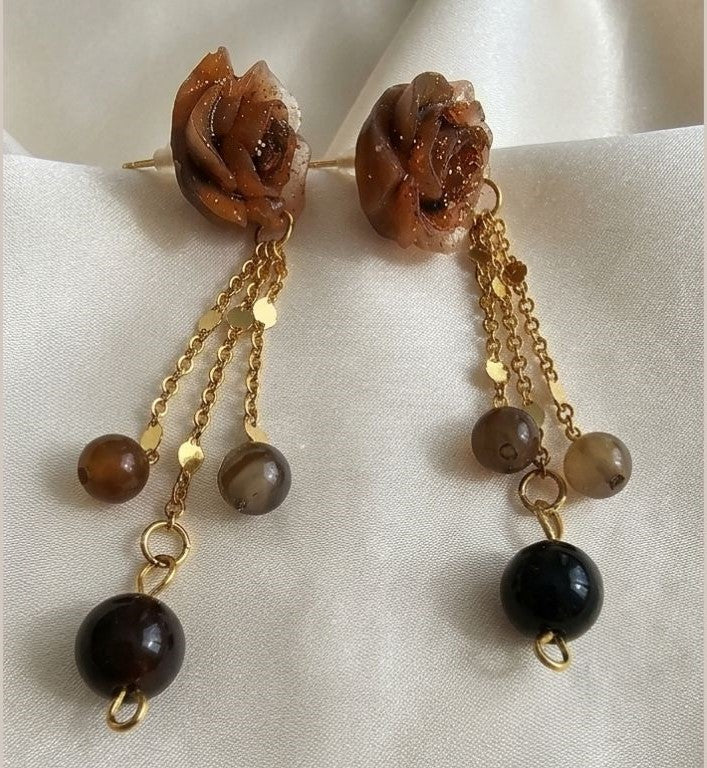 Brown Bloom Earrings - Resin and Natural Stone Elegance