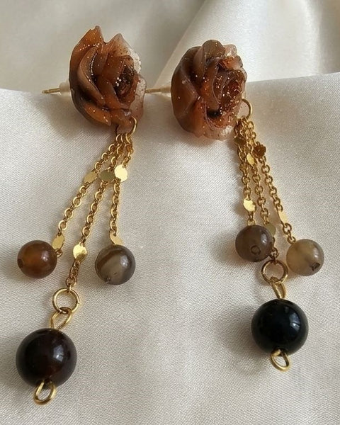 Brown Bloom Earrings - Resin and Natural Stone Elegance