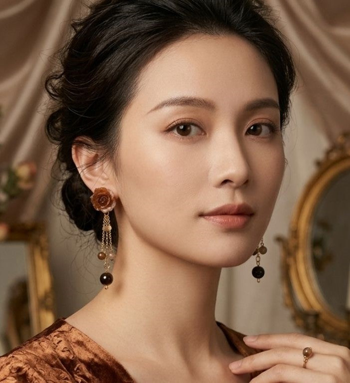 Brown Bloom Earrings - Resin and Natural Stone Elegance