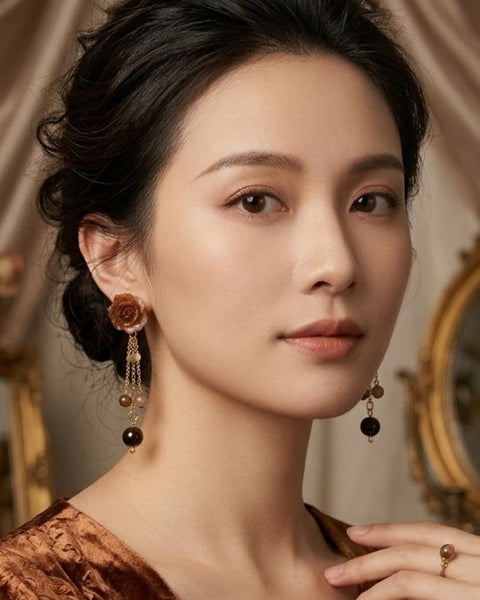 Brown Bloom Earrings - Resin and Natural Stone Elegance