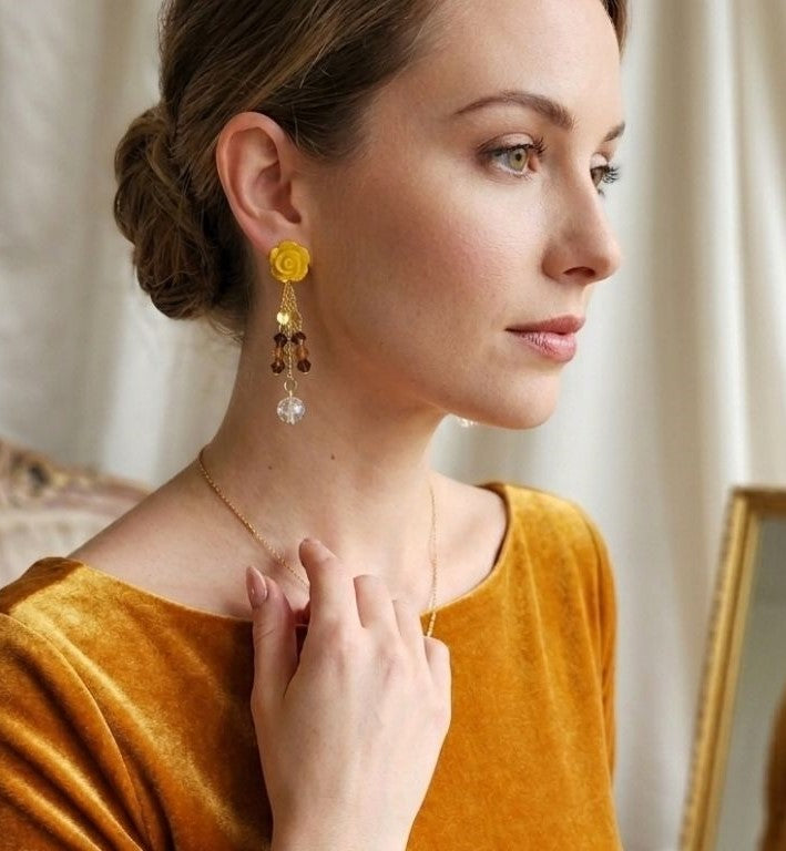 Yellow Bloom Earrings - Resin and Sparkling Glass Elegance