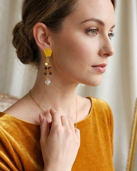 Yellow Bloom Earrings - Resin and Sparkling Glass Elegance