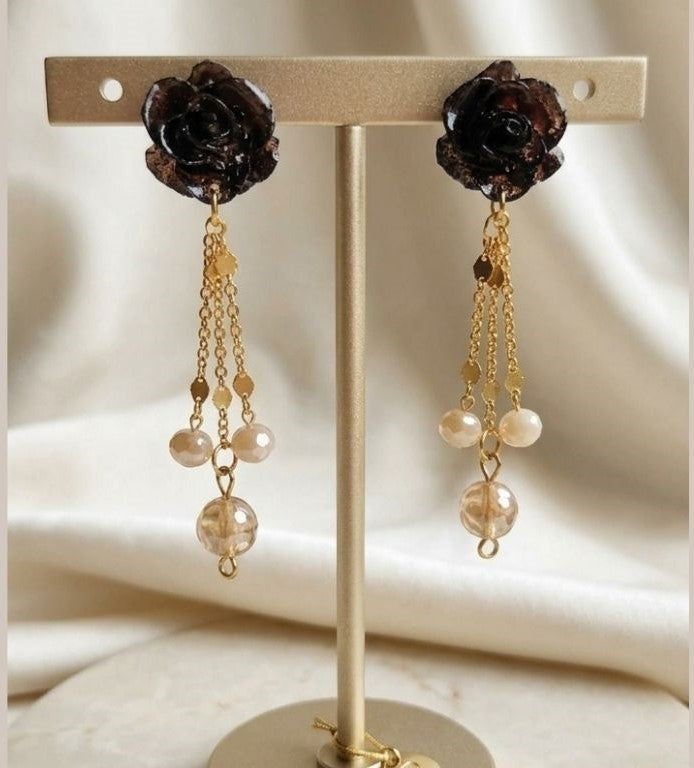 Black Bloom Earrings - Resin & Natural Stone Elegance