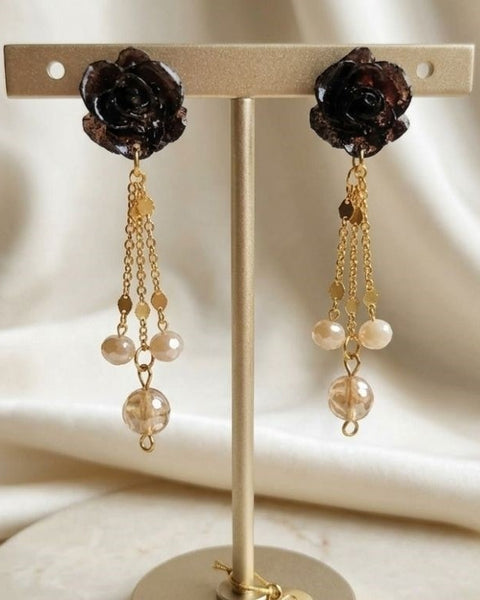 Black Bloom Earrings - Resin & Natural Stone Elegance