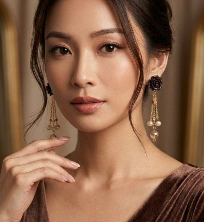 Black Bloom Earrings - Resin & Natural Stone Elegance