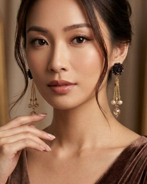 Black Bloom Earrings - Resin & Natural Stone Elegance