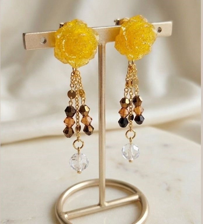Yellow Bloom Earrings - Resin and Sparkling Glass Elegance