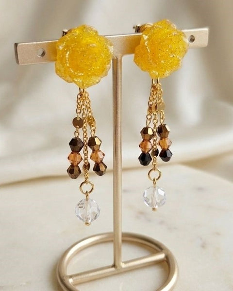 Yellow Bloom Earrings - Resin and Sparkling Glass Elegance
