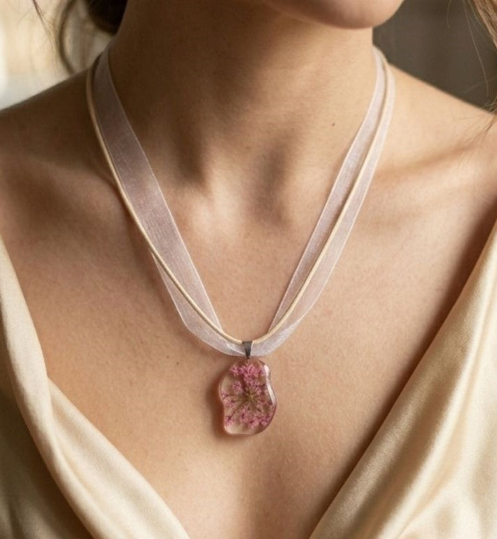 Soft Pink Flower Resin Necklace