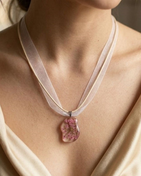 Soft Pink Flower Resin Necklace