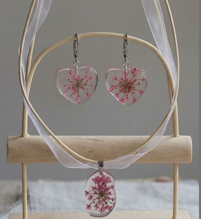 Blush Pink Bloom Resin Jewelry Set - Necklace and Earring with Preserved Real Flowers