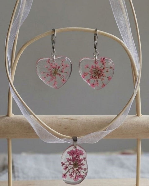 Blush Pink Bloom Resin Jewelry Set - Necklace and Earring with Preserved Real Flowers