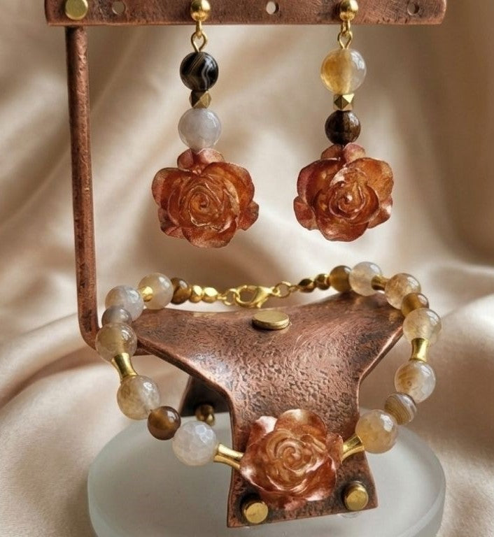 Champagne Blush Rose Elegance Set – Resin Blooms & Natural Agate