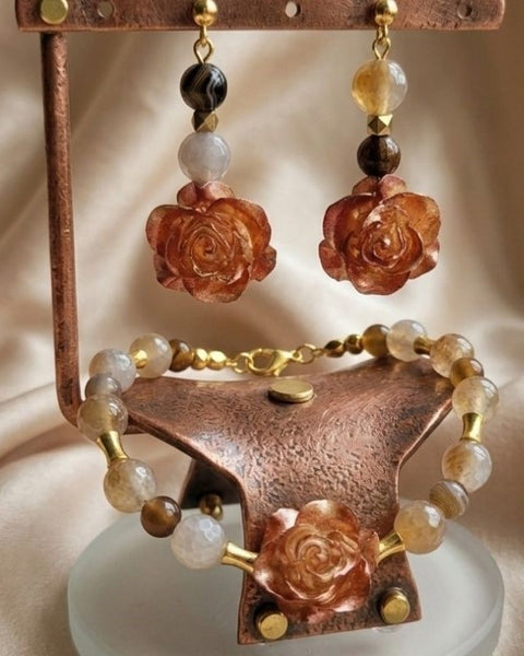 Champagne Blush Rose Elegance Set – Resin Blooms & Natural Agate