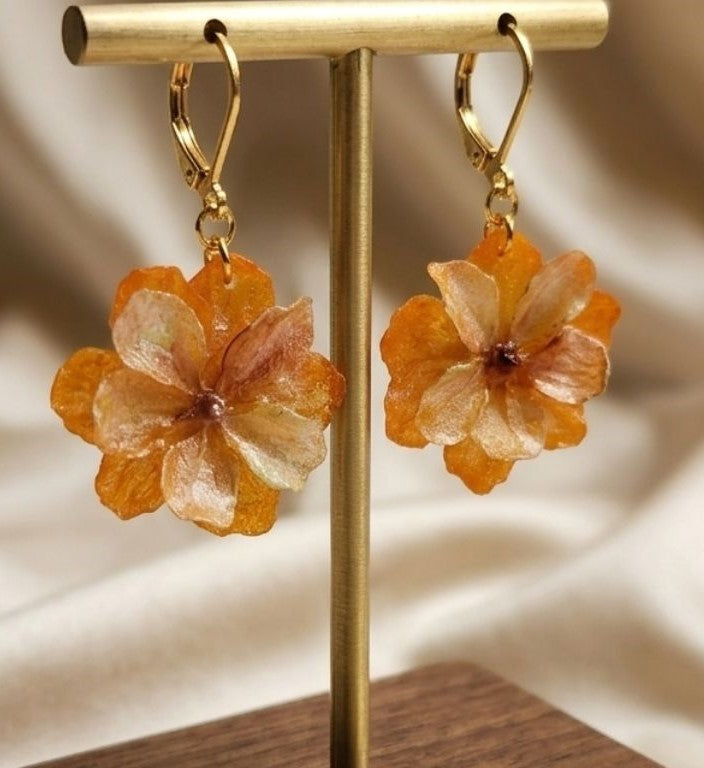 Amber Blossom Resin Earrings – Floral Elegance with Gold Accents