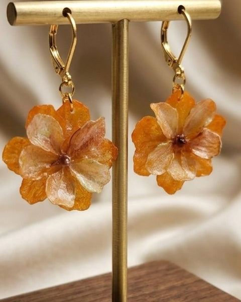 Amber Blossom Resin Earrings – Floral Elegance with Gold Accents