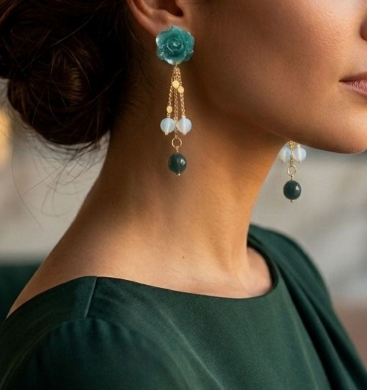 Aquamarine Bloom Earrings – Elegant Teal Resin with Natural Stone Accents