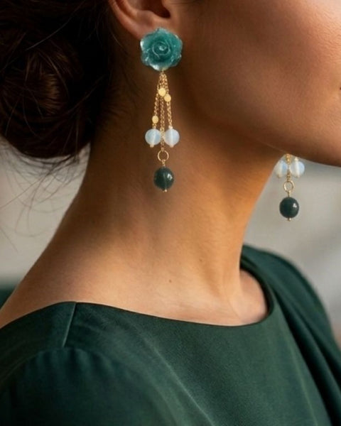 Aquamarine Bloom Earrings – Elegant Teal Resin with Natural Stone Accents