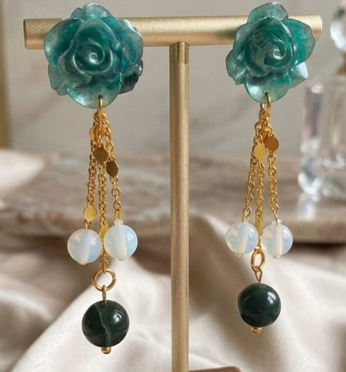 Aquamarine Bloom Earrings – Elegant Teal Resin with Natural Stone Accents