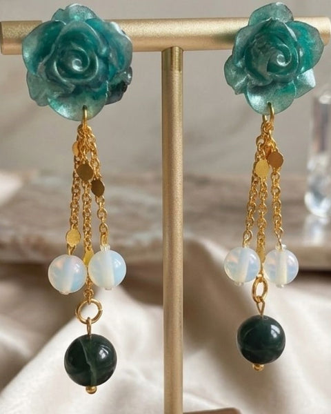 Aquamarine Bloom Earrings – Elegant Teal Resin with Natural Stone Accents
