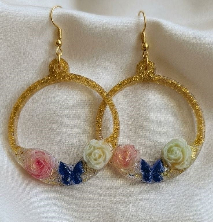 Golden Butterfly Rose Hoop Earrings