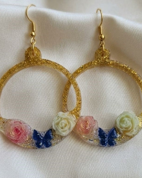 Golden Butterfly Rose Hoop Earrings