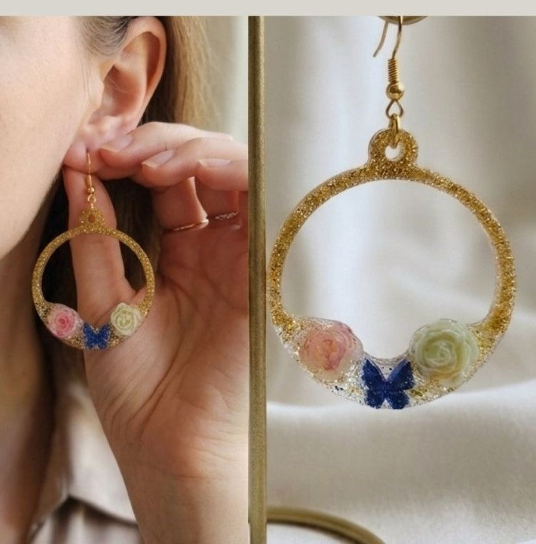 Golden Butterfly Rose Hoop Earrings