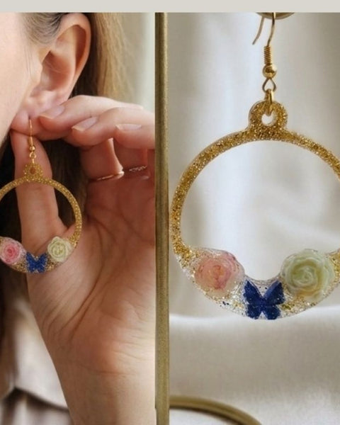 Golden Butterfly Rose Hoop Earrings