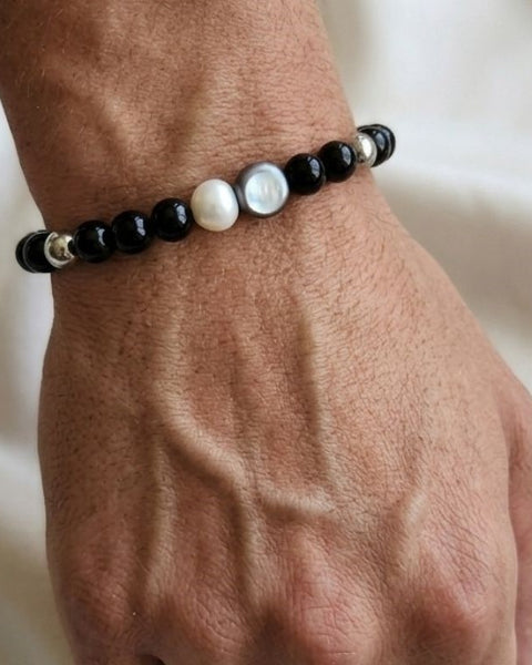 Black Obsidian & Natural Pearl Bracelet – Strength, Protection & Balance