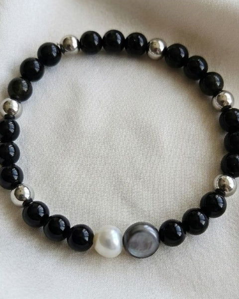 Black Obsidian & Natural Pearl Bracelet – Strength, Protection & Balance