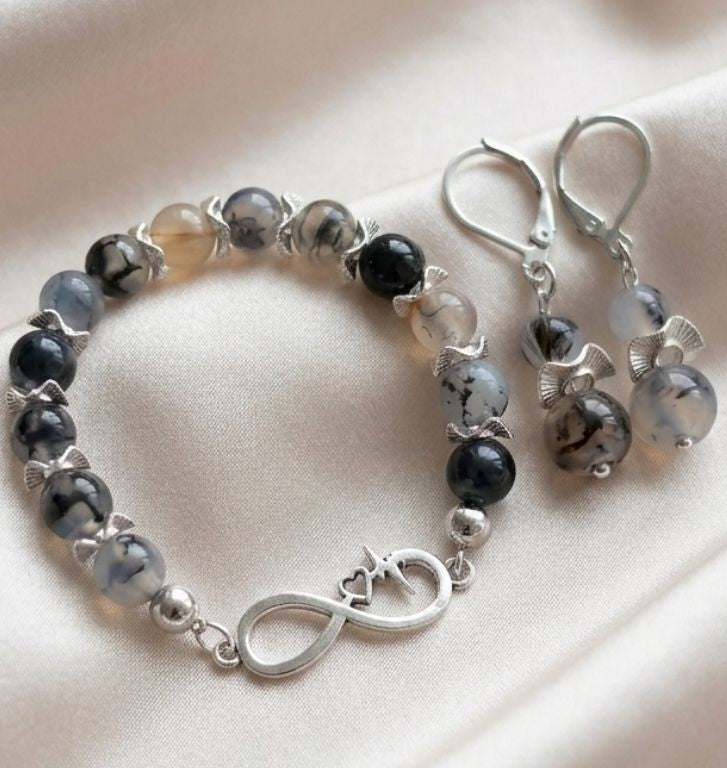 Midnight Dragon Agate Earrings&Bracelet Set
