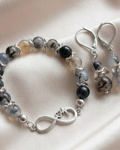 Midnight Dragon Agate Earrings&Bracelet Set