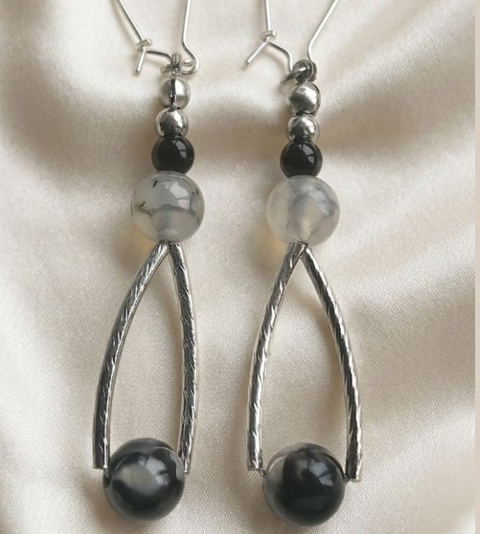 Midnight Dragon Agate – Silver-Tone Statement Earrings