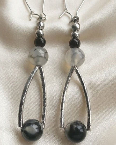 Midnight Dragon Agate – Silver-Tone Statement Earrings