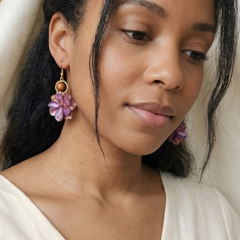 Violet Bloom Epoxy Resin Earrings with Wood Beads
